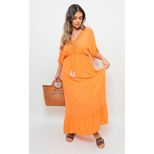 Boho V-Neck Tassel Detail Maxi Dress Orange