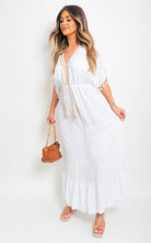 Boho V-Neck Tassel Detail Maxi Dress White