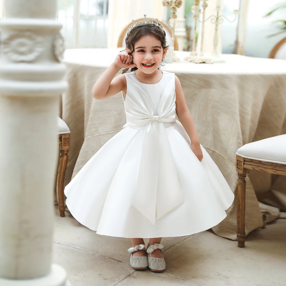 Elegant A-Line Dress with Large BowWhite