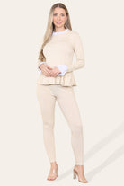 Frill-Neck Peplum Loungewear Set Beige