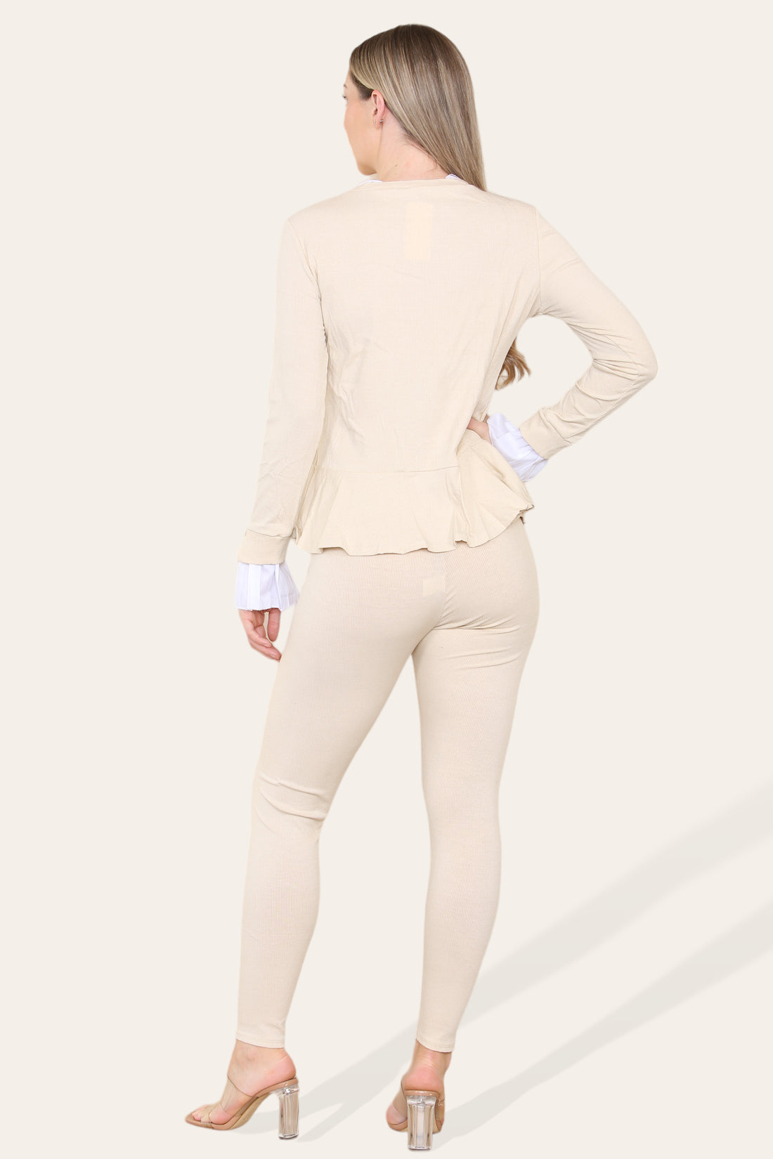 Frill-Neck Peplum Loungewear Set Beige