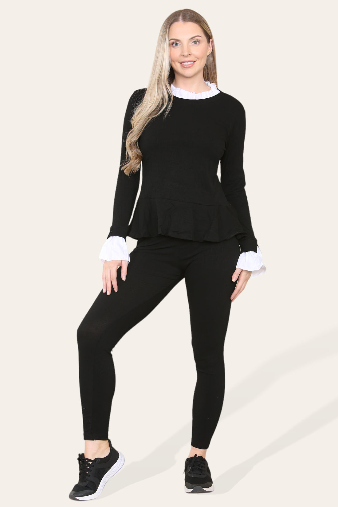 Frill-Neck Peplum Loungewear Set Black