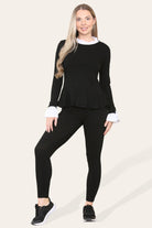 Frill-Neck Peplum Loungewear Set Black