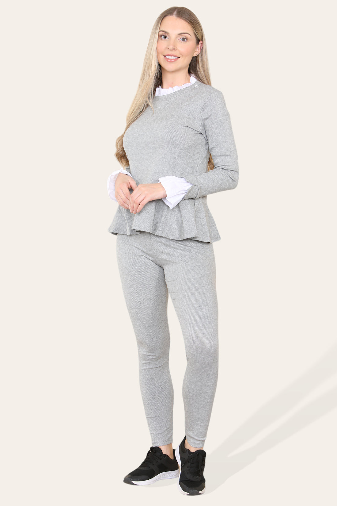 Frill-Neck Peplum Loungewear Set Grey