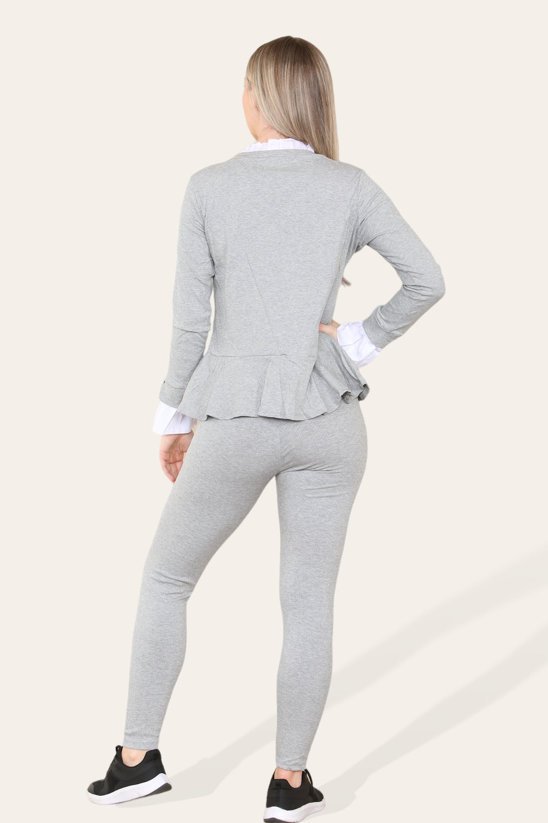 Frill-Neck Peplum Loungewear Set Grey