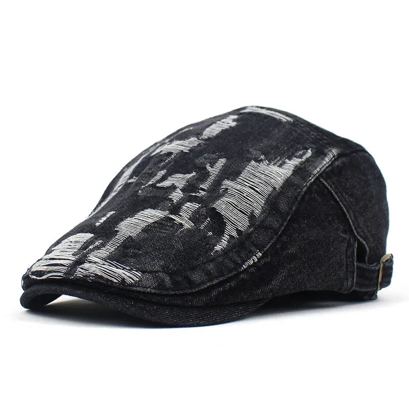 Black Ripped Style Beret Newsboy Cap