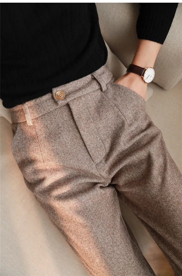 High-Waist Tailored Women Trousers Brown Herringbone