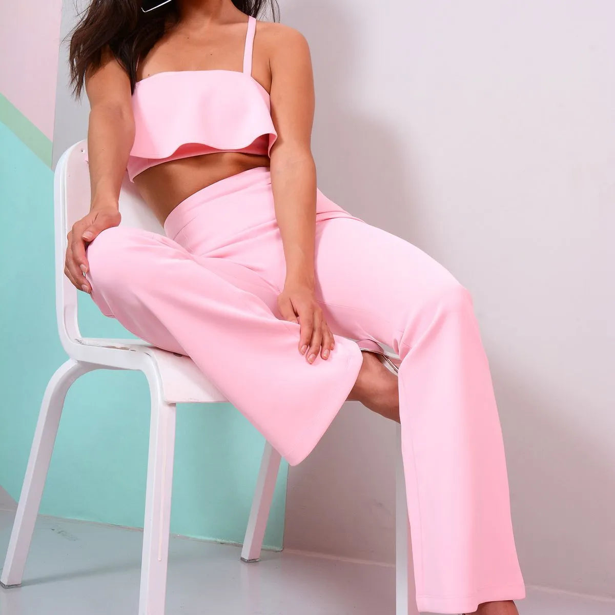 Co-ord With Ruffle Crop Top And Bootleg Trouser