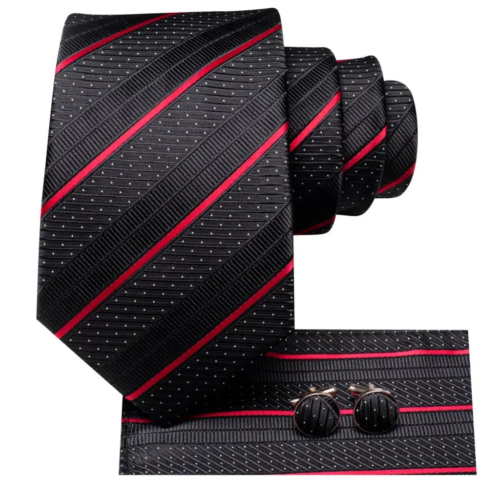 Men's Striped Silk Tie Set Black Red