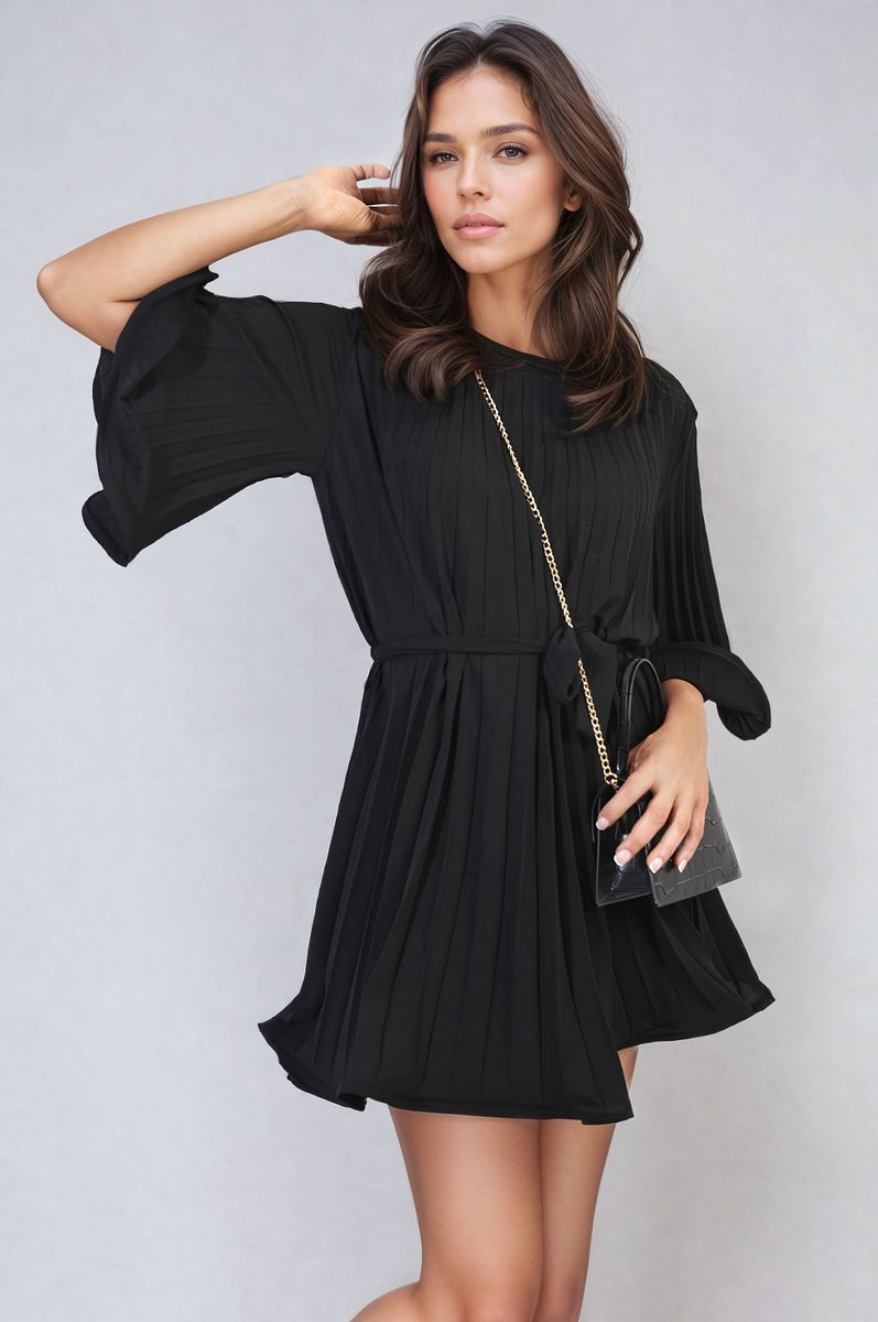 Pleated Tie Waist Mini Dress Black