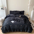 Rose Embroidered 3-Piece Duvet Cover Set in Black