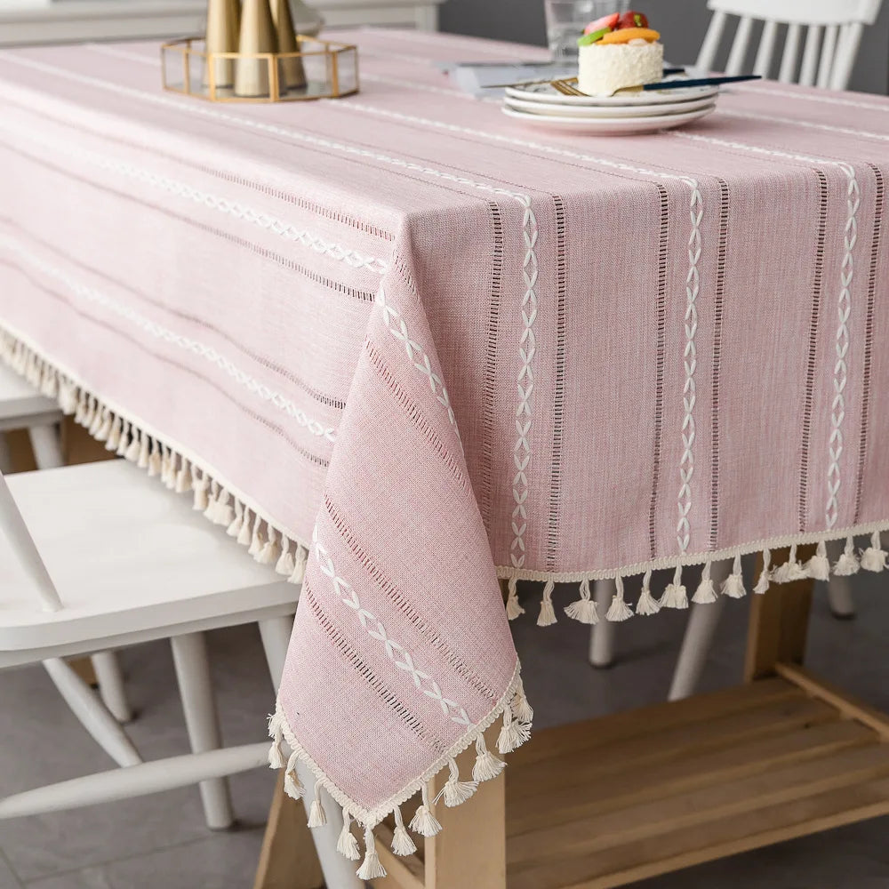 Scandinavian Stripe Tassel Tablecloth Pink