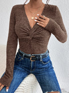 Women's Twist Front V-Neck Knit Top Brown