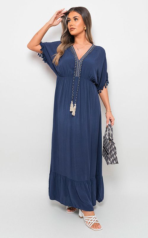 Boho V-Neck Tassel Detail Maxi Dress Navy Blue