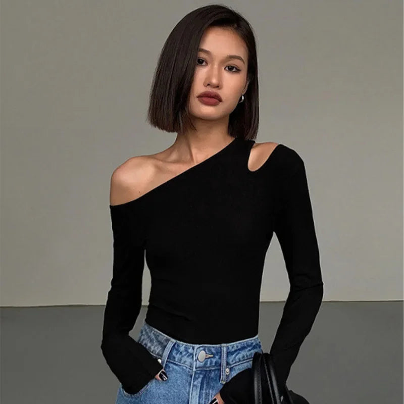 Women's Asymmetric Cut-Out Shoulder Top Black