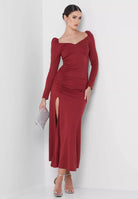 Alluring Puff-Shoulder Wine Red Midi Dress